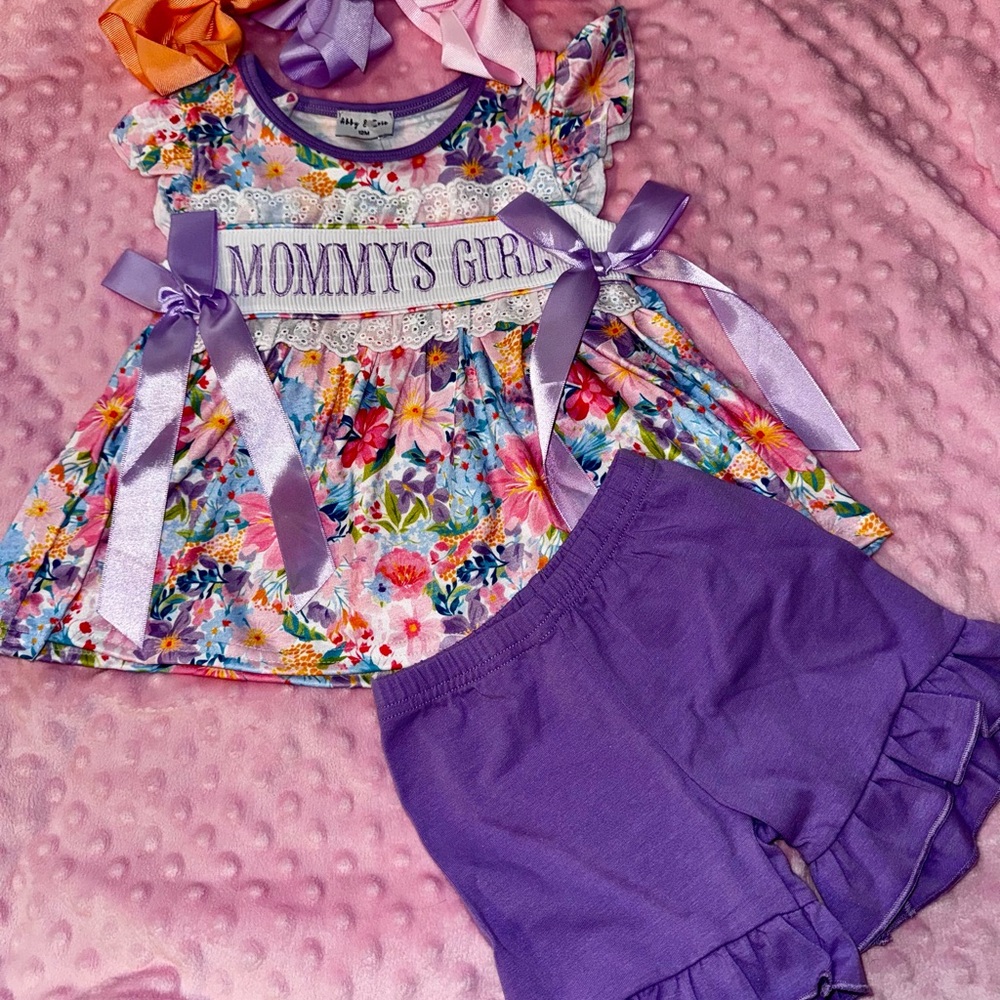 Mommy's Girl Floral Top & Purple Ruffle Shorts Kids Matching Set